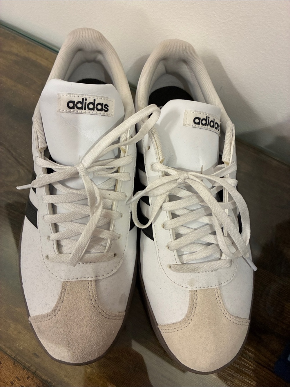 adidas Men’s White and Black Athletic Sneakers with Beige Suede Toe